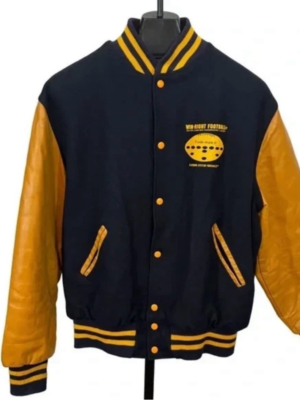 Vintage Holloway Leather Wool Varsity XL Bomber Navy Gold Jacket College